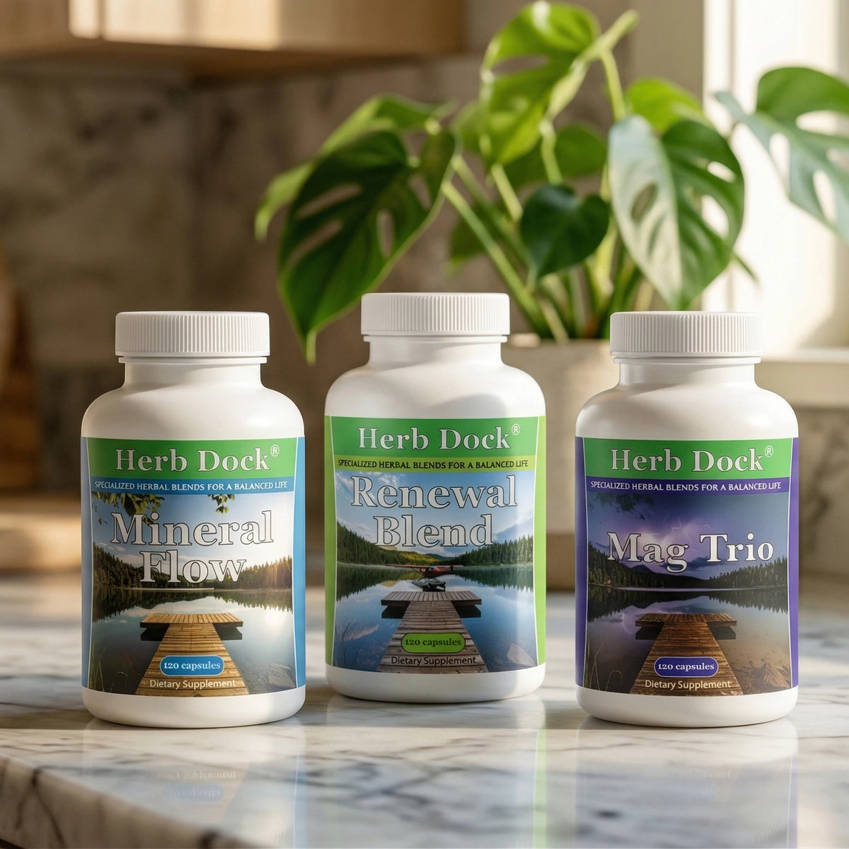 Herb Dock Mineral Core bundle: Mineral Flow, Renewal Blend and Mag Trio on a kitchen counter